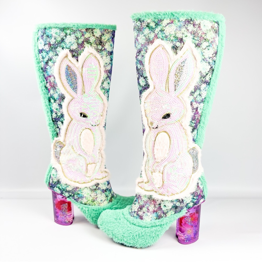 Irregular Choice “Lapin” Fuzzy Bunny Sequin Glitter Boots Mint Green & Pink